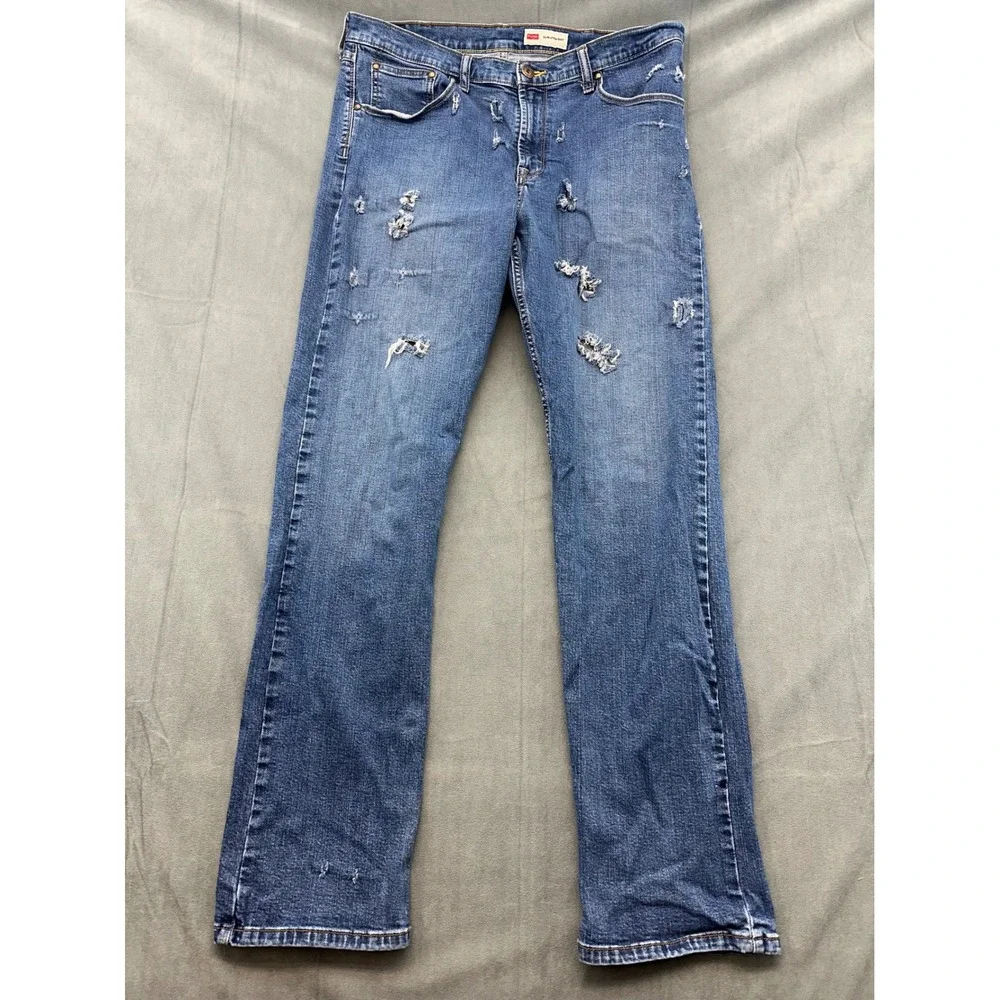 Wrangler‎ Slim Straight Distressed Jeans Mens 36x32 Blue Medium Wash 92SSWDX
